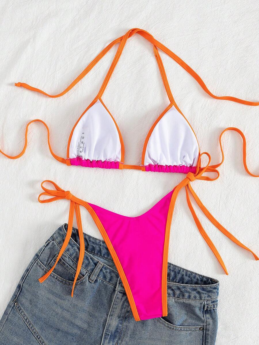 Conjunto de biquíni feminino com contraste de cores e bandeau sexy para férias de primavera, separado, praia, traje de banho