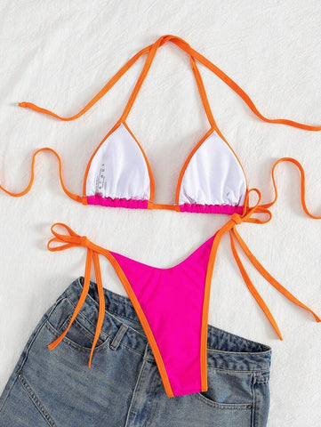 Conjunto de biquíni feminino com contraste de cores e bandeau sexy para férias de primavera, separado, praia, traje de banho