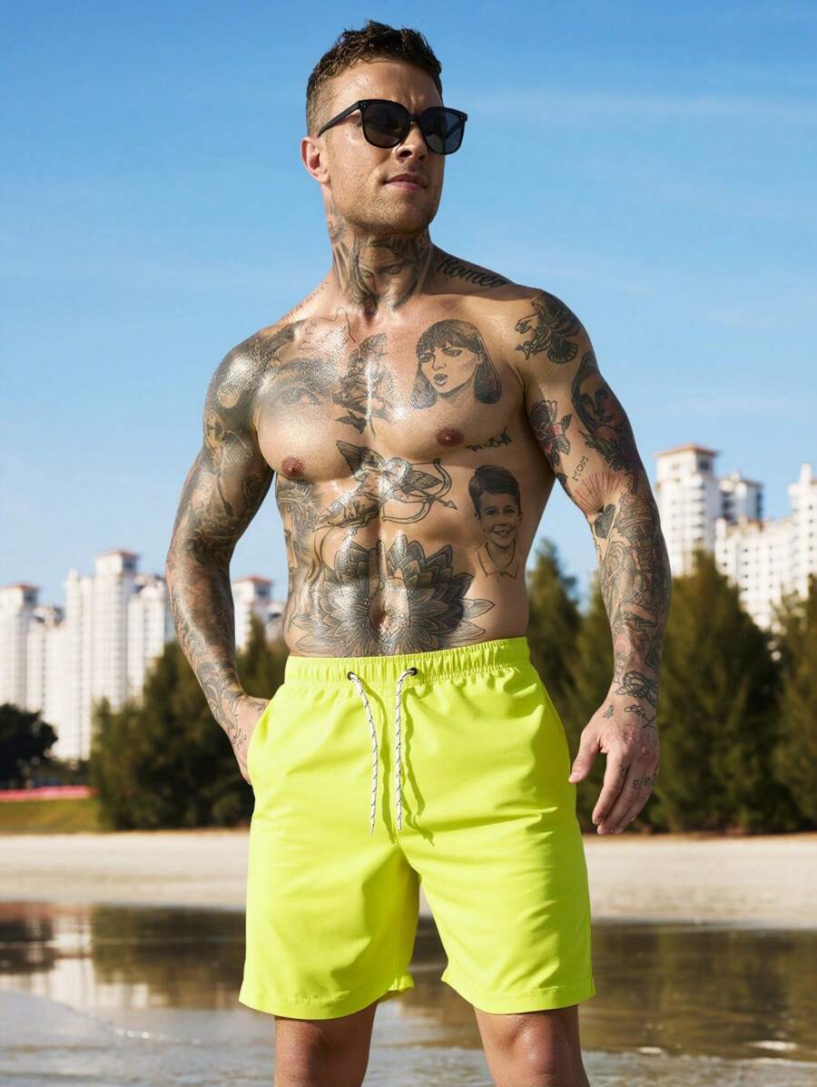 Manfinity Swimmode Homens Cintura Com Cordão Bolso Inclinado Short De Banho