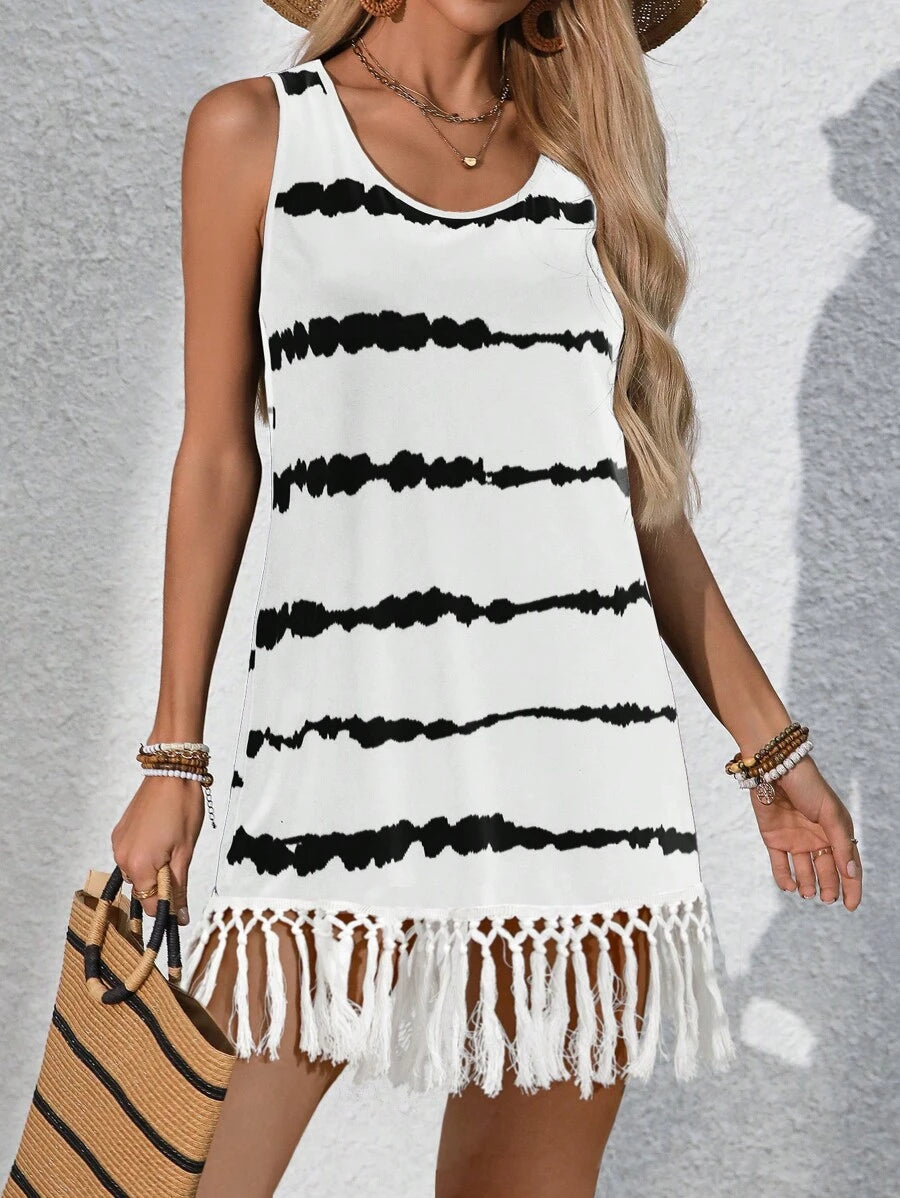 Swim Lushoire Vestido de verão feminino listrado com bainha de borla sem mangas