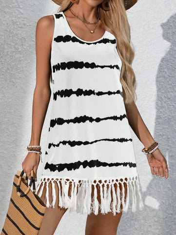 Swim Lushoire Vestido de verão feminino listrado com bainha de borla sem mangas