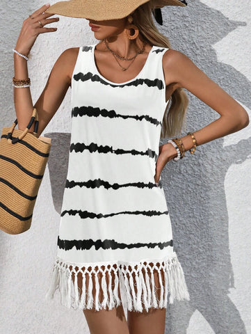 Swim Lushoire Vestido de verão feminino listrado com bainha de borla sem mangas
