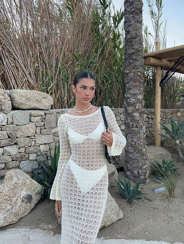 PARA BELEZA Vestido feminino primavera e verão, novo, bege, cor sólida, slim fit, sexy, sem costas, simples e atmosférico, de malha, manga comprida, lua de mel, casamento, temporada, praia, férias, estilo, transparente, vazado