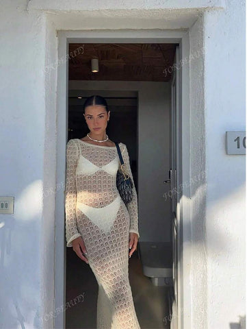 PARA BELEZA Vestido feminino primavera e verão, novo, bege, cor sólida, slim fit, sexy, sem costas, simples e atmosférico, de malha, manga comprida, lua de mel, casamento, temporada, praia, férias, estilo, transparente, vazado
