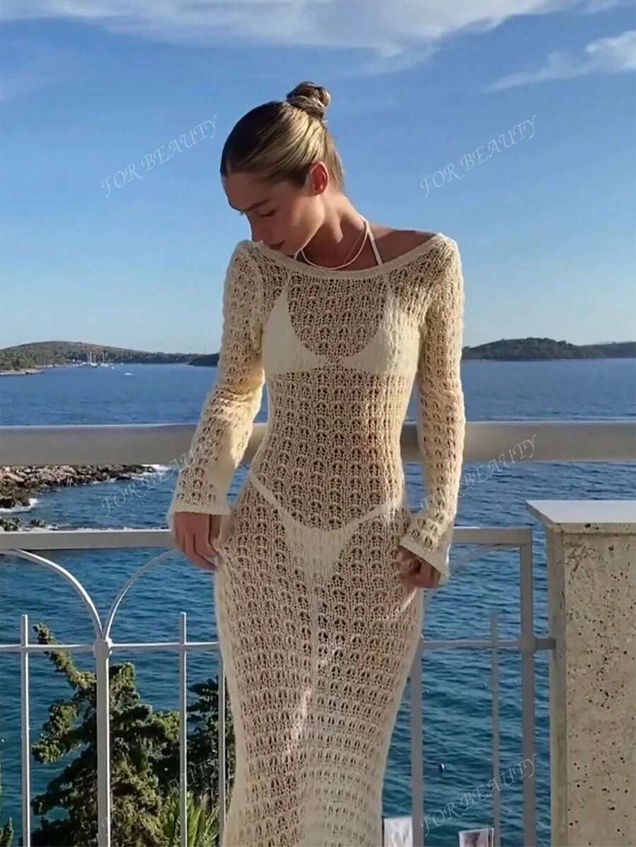 PARA BELEZA Vestido feminino primavera e verão, novo, bege, cor sólida, slim fit, sexy, sem costas, simples e atmosférico, de malha, manga comprida, lua de mel, casamento, temporada, praia, férias, estilo, transparente, vazado