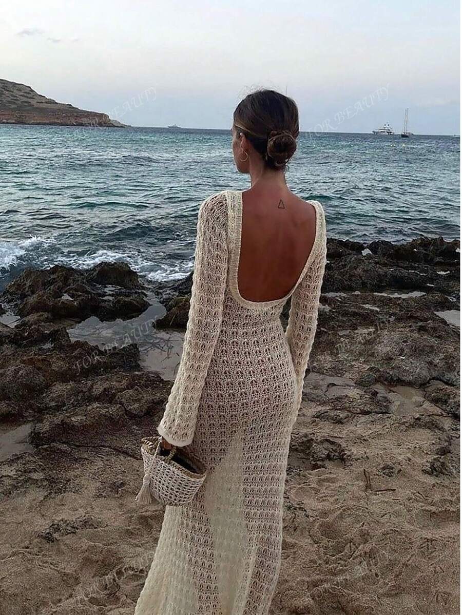 PARA BELEZA Vestido feminino primavera e verão, novo, bege, cor sólida, slim fit, sexy, sem costas, simples e atmosférico, de malha, manga comprida, lua de mel, casamento, temporada, praia, férias, estilo, transparente, vazado