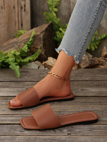 Sandálias Plus Size Slide, Novas Sandálias Rasas Pretas Bico Quadrado Primavera Verão, Combine com Vestidos para Fazer as Pernas Parecerem Mais Longas, Sandálias da Moda, Lindas Meninas Verão Praia Slip On Chinelos Antiderrapantes