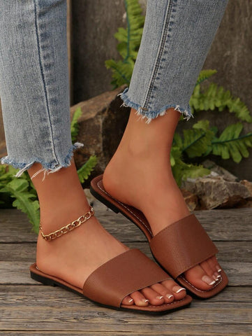 Sandálias Plus Size Slide, Novas Sandálias Rasas Pretas Bico Quadrado Primavera Verão, Combine com Vestidos para Fazer as Pernas Parecerem Mais Longas, Sandálias da Moda, Lindas Meninas Verão Praia Slip On Chinelos Antiderrapantes