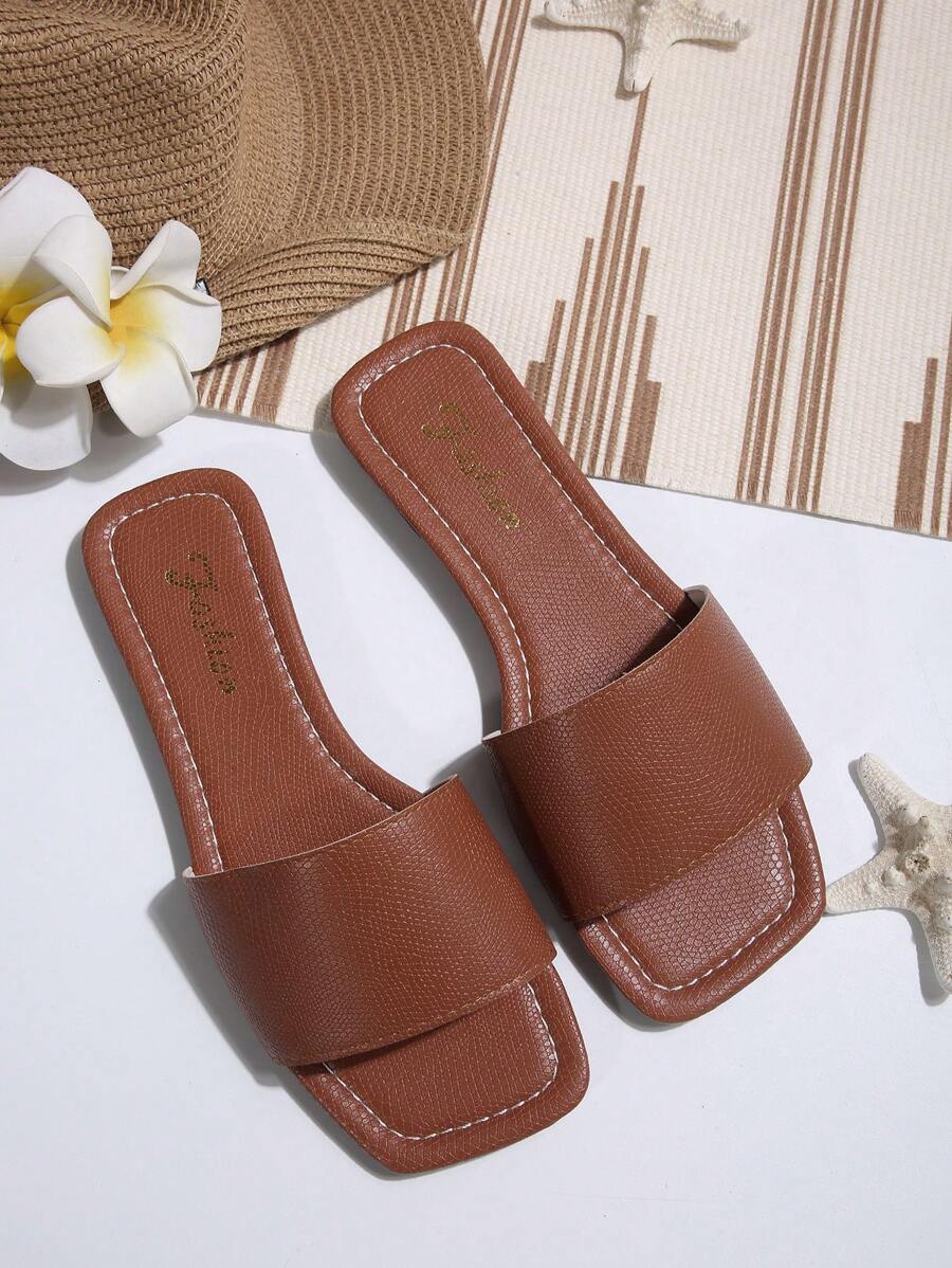Sandálias Plus Size Slide, Novas Sandálias Rasas Pretas Bico Quadrado Primavera Verão, Combine com Vestidos para Fazer as Pernas Parecerem Mais Longas, Sandálias da Moda, Lindas Meninas Verão Praia Slip On Chinelos Antiderrapantes