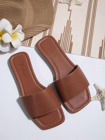 Sandálias Plus Size Slide, Novas Sandálias Rasas Pretas Bico Quadrado Primavera Verão, Combine com Vestidos para Fazer as Pernas Parecerem Mais Longas, Sandálias da Moda, Lindas Meninas Verão Praia Slip On Chinelos Antiderrapantes