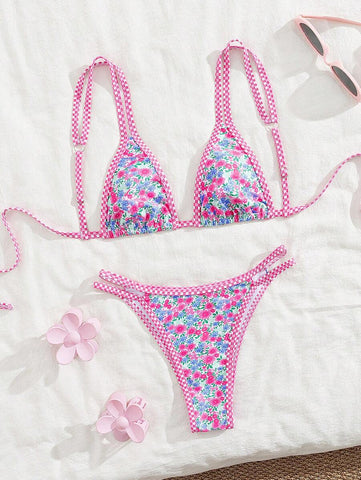 Swim Mod 2 peças/conjunto sexy fruta impressão contraste cor guarnição Fato de Banho top e alça lateral Fato de Banho parte inferior, férias de verão