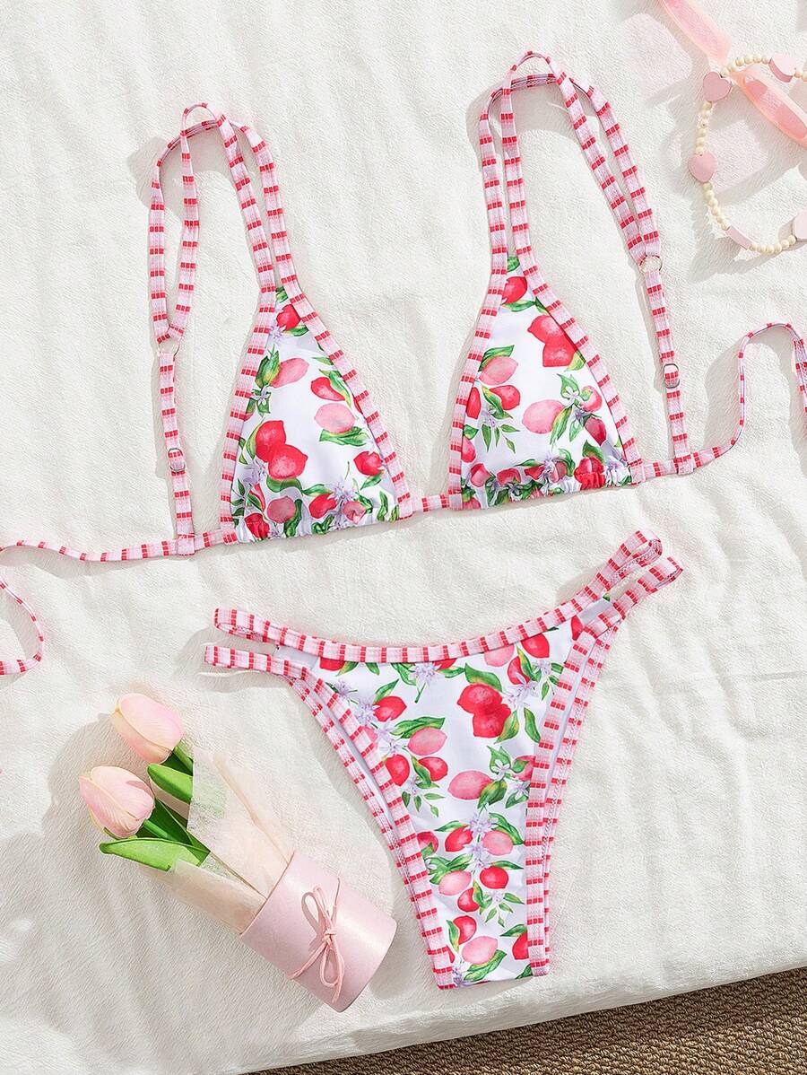 Swim Mod 2 peças/conjunto sexy fruta impressão contraste cor guarnição Fato de Banho top e alça lateral Fato de Banho parte inferior, férias de verão