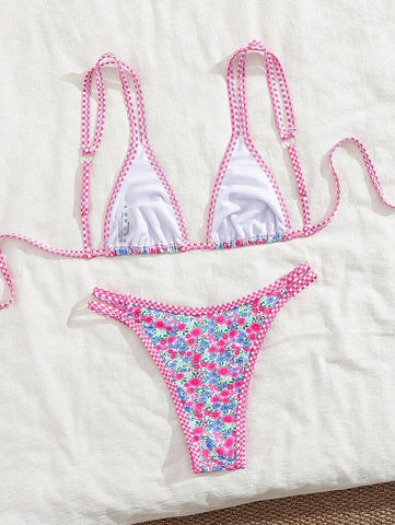 Swim Mod 2 peças/conjunto sexy fruta impressão contraste cor guarnição Fato de Banho top e alça lateral Fato de Banho parte inferior, férias de verão