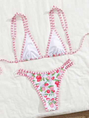 Swim Mod 2 peças/conjunto sexy fruta impressão contraste cor guarnição Fato de Banho top e alça lateral Fato de Banho parte inferior, férias de verão