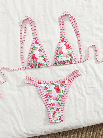 Swim Mod 2 peças/conjunto sexy fruta impressão contraste cor guarnição Fato de Banho top e alça lateral Fato de Banho parte inferior, férias de verão