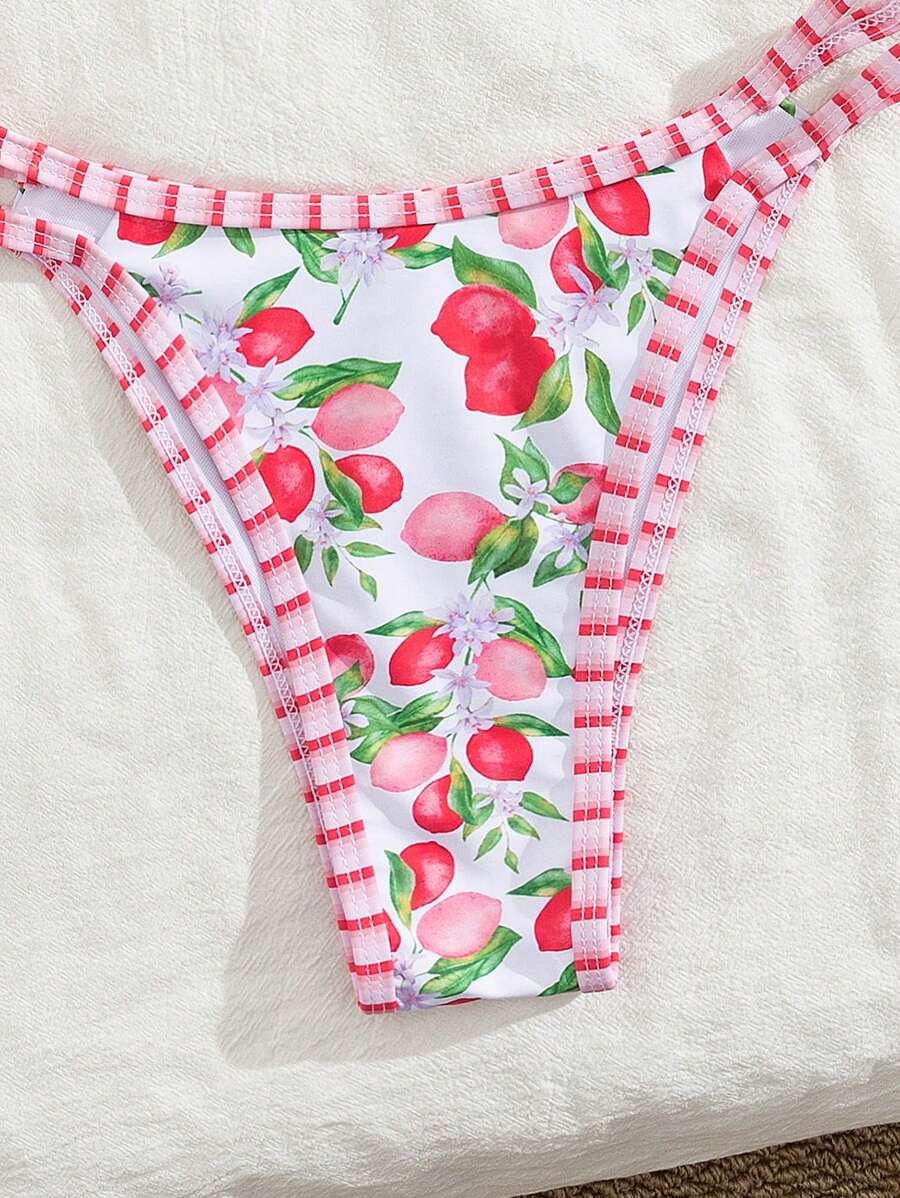 Swim Mod 2 peças/conjunto sexy fruta impressão contraste cor guarnição Fato de Banho top e alça lateral Fato de Banho parte inferior, férias de verão