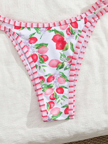 Swim Mod 2 peças/conjunto sexy fruta impressão contraste cor guarnição Fato de Banho top e alça lateral Fato de Banho parte inferior, férias de verão