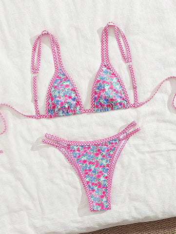 Swim Mod 2 peças/conjunto sexy fruta impressão contraste cor guarnição Fato de Banho top e alça lateral Fato de Banho parte inferior, férias de verão