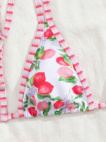 Swim Mod 2 peças/conjunto sexy fruta impressão contraste cor guarnição Fato de Banho top e alça lateral Fato de Banho parte inferior, férias de verão