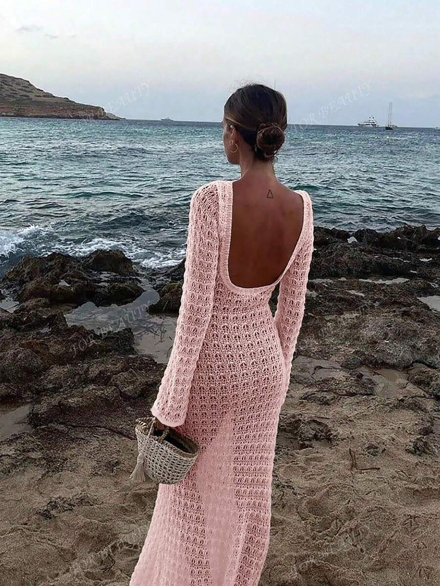 PARA BELEZA Vestido feminino primavera e verão, novo, bege, cor sólida, slim fit, sexy, sem costas, simples e atmosférico, de malha, manga comprida, lua de mel, casamento, temporada, praia, férias, estilo, transparente, vazado