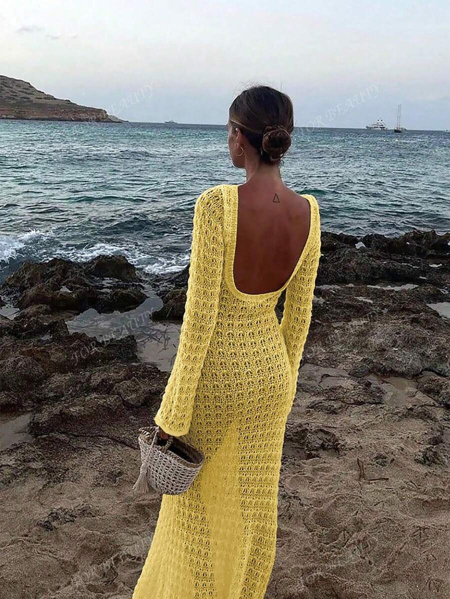 PARA BELEZA Vestido feminino primavera e verão, novo, bege, cor sólida, slim fit, sexy, sem costas, simples e atmosférico, de malha, manga comprida, lua de mel, casamento, temporada, praia, férias, estilo, transparente, vazado