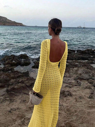 PARA BELEZA Vestido feminino primavera e verão, novo, bege, cor sólida, slim fit, sexy, sem costas, simples e atmosférico, de malha, manga comprida, lua de mel, casamento, temporada, praia, férias, estilo, transparente, vazado