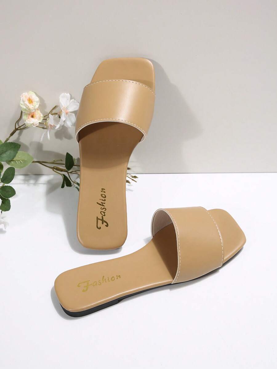 Sandálias Plus Size Slide, Novas Sandálias Rasas Pretas Bico Quadrado Primavera Verão, Combine com Vestidos para Fazer as Pernas Parecerem Mais Longas, Sandálias da Moda, Lindas Meninas Verão Praia Slip On Chinelos Antiderrapantes