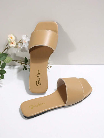 Sandálias Plus Size Slide, Novas Sandálias Rasas Pretas Bico Quadrado Primavera Verão, Combine com Vestidos para Fazer as Pernas Parecerem Mais Longas, Sandálias da Moda, Lindas Meninas Verão Praia Slip On Chinelos Antiderrapantes