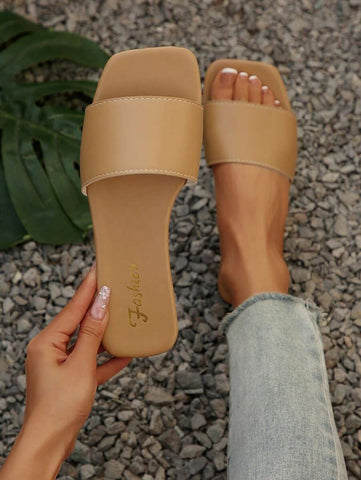 Sandálias Plus Size Slide, Novas Sandálias Rasas Pretas Bico Quadrado Primavera Verão, Combine com Vestidos para Fazer as Pernas Parecerem Mais Longas, Sandálias da Moda, Lindas Meninas Verão Praia Slip On Chinelos Antiderrapantes