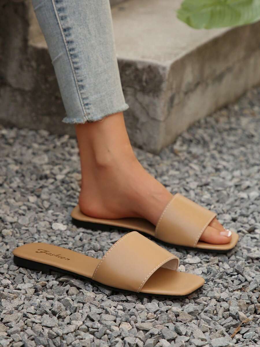 Sandálias Plus Size Slide, Novas Sandálias Rasas Pretas Bico Quadrado Primavera Verão, Combine com Vestidos para Fazer as Pernas Parecerem Mais Longas, Sandálias da Moda, Lindas Meninas Verão Praia Slip On Chinelos Antiderrapantes