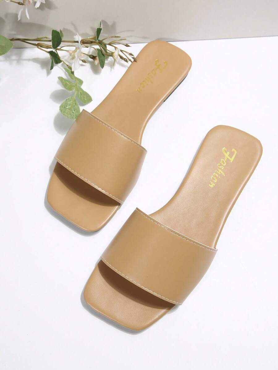 Sandálias Plus Size Slide, Novas Sandálias Rasas Pretas Bico Quadrado Primavera Verão, Combine com Vestidos para Fazer as Pernas Parecerem Mais Longas, Sandálias da Moda, Lindas Meninas Verão Praia Slip On Chinelos Antiderrapantes