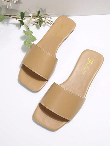 Sandálias Plus Size Slide, Novas Sandálias Rasas Pretas Bico Quadrado Primavera Verão, Combine com Vestidos para Fazer as Pernas Parecerem Mais Longas, Sandálias da Moda, Lindas Meninas Verão Praia Slip On Chinelos Antiderrapantes