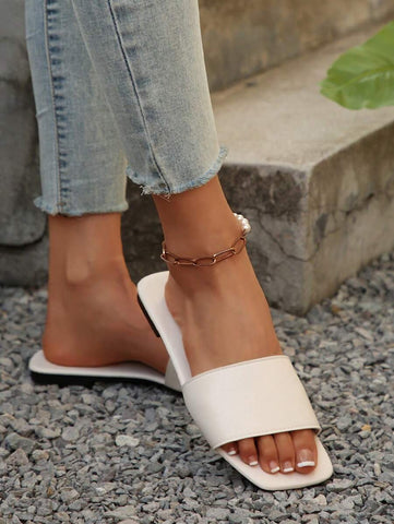 Sandálias Plus Size Slide, Novas Sandálias Rasas Pretas Bico Quadrado Primavera Verão, Combine com Vestidos para Fazer as Pernas Parecerem Mais Longas, Sandálias da Moda, Lindas Meninas Verão Praia Slip On Chinelos Antiderrapantes