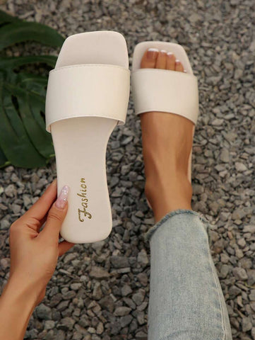Sandálias Plus Size Slide, Novas Sandálias Rasas Pretas Bico Quadrado Primavera Verão, Combine com Vestidos para Fazer as Pernas Parecerem Mais Longas, Sandálias da Moda, Lindas Meninas Verão Praia Slip On Chinelos Antiderrapantes