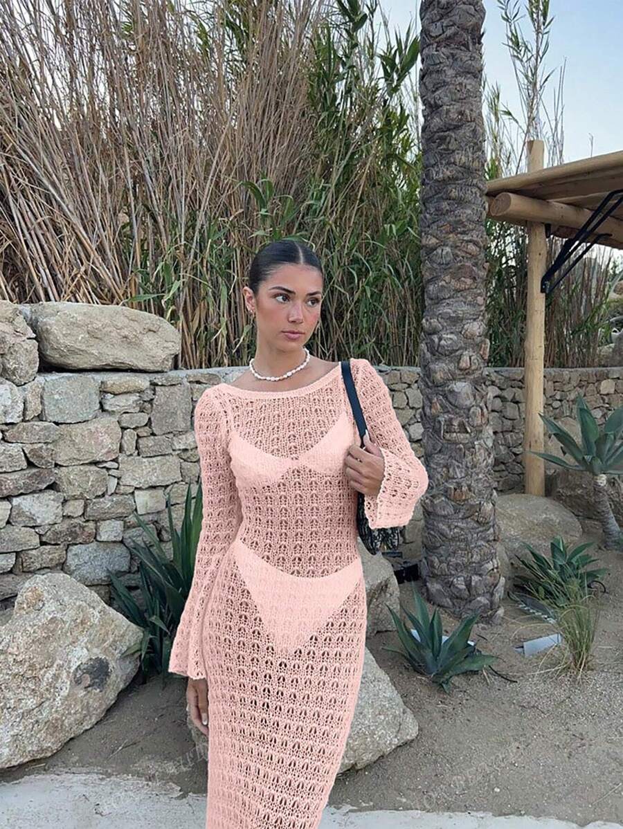 PARA BELEZA Vestido feminino primavera e verão, novo, bege, cor sólida, slim fit, sexy, sem costas, simples e atmosférico, de malha, manga comprida, lua de mel, casamento, temporada, praia, férias, estilo, transparente, vazado