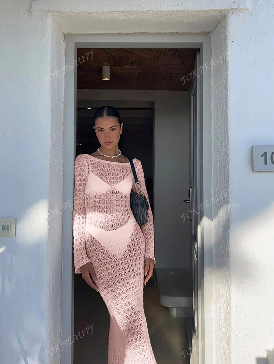 PARA BELEZA Vestido feminino primavera e verão, novo, bege, cor sólida, slim fit, sexy, sem costas, simples e atmosférico, de malha, manga comprida, lua de mel, casamento, temporada, praia, férias, estilo, transparente, vazado