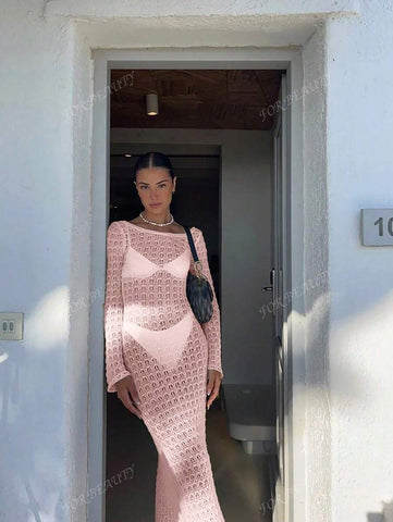PARA BELEZA Vestido feminino primavera e verão, novo, bege, cor sólida, slim fit, sexy, sem costas, simples e atmosférico, de malha, manga comprida, lua de mel, casamento, temporada, praia, férias, estilo, transparente, vazado