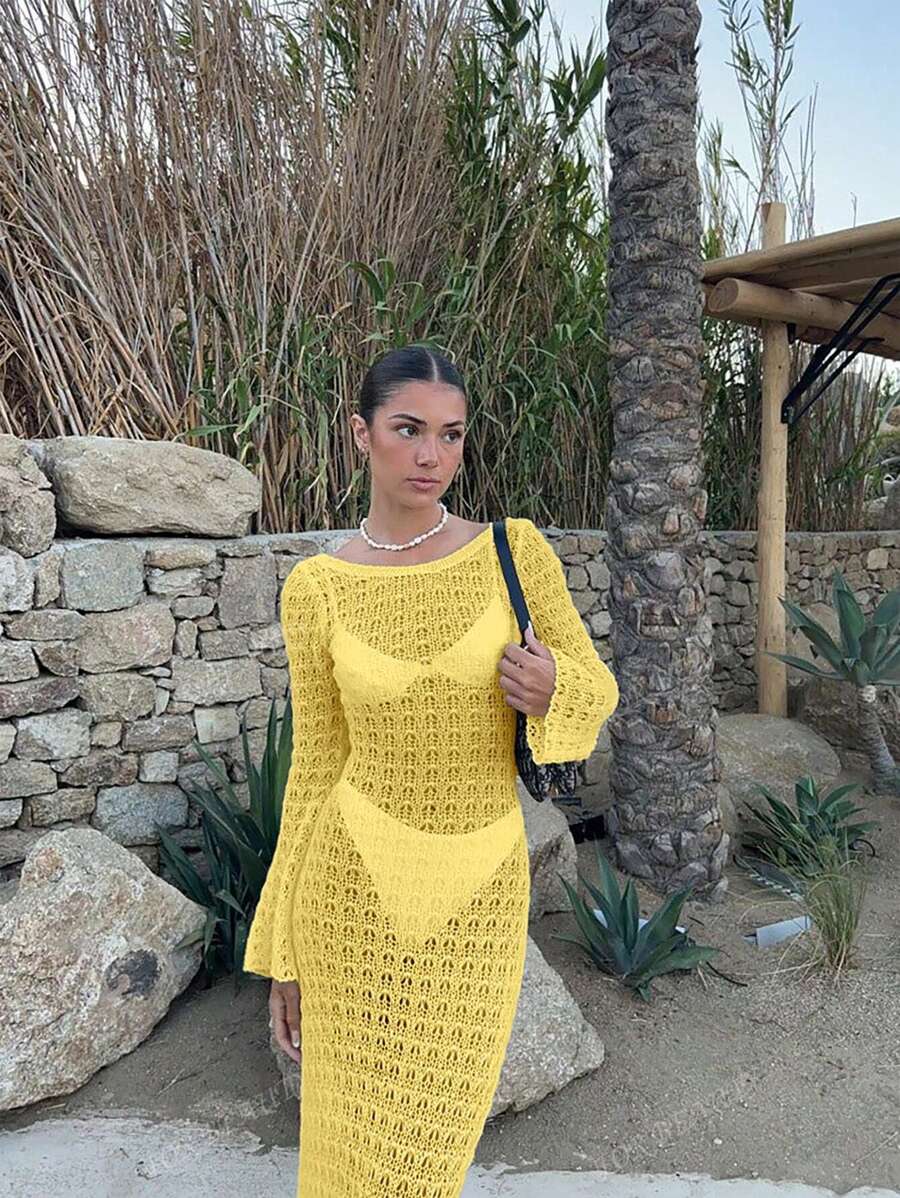 PARA BELEZA Vestido feminino primavera e verão, novo, bege, cor sólida, slim fit, sexy, sem costas, simples e atmosférico, de malha, manga comprida, lua de mel, casamento, temporada, praia, férias, estilo, transparente, vazado