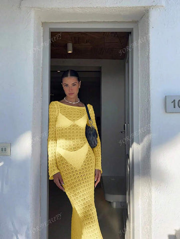PARA BELEZA Vestido feminino primavera e verão, novo, bege, cor sólida, slim fit, sexy, sem costas, simples e atmosférico, de malha, manga comprida, lua de mel, casamento, temporada, praia, férias, estilo, transparente, vazado