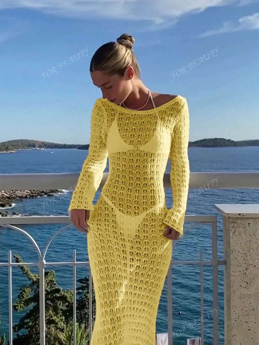 PARA BELEZA Vestido feminino primavera e verão, novo, bege, cor sólida, slim fit, sexy, sem costas, simples e atmosférico, de malha, manga comprida, lua de mel, casamento, temporada, praia, férias, estilo, transparente, vazado