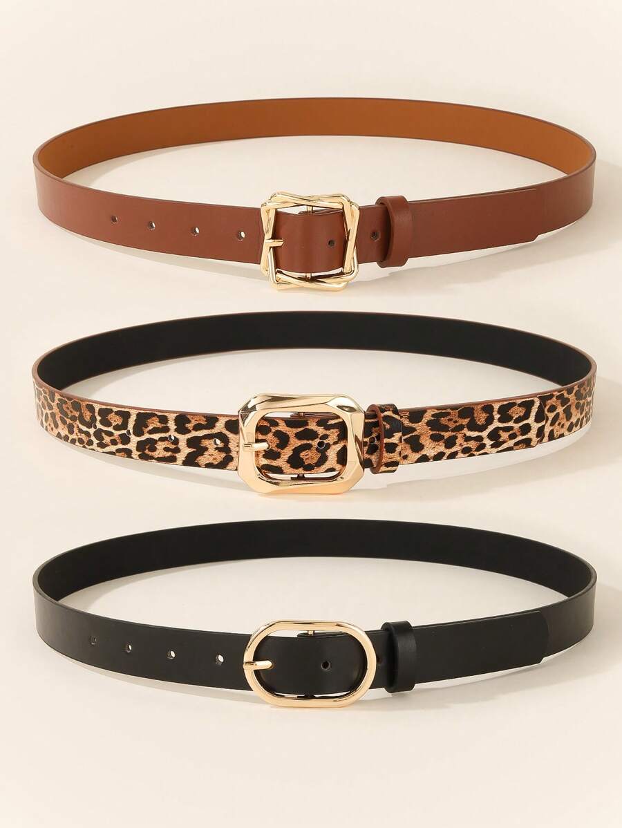 Cinto de couro com fivela quadrada dourada 3 peças, moda e elegância para vestidos, camisetas, calças casuais, verão feminino, escola