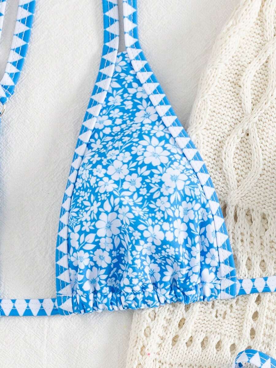 Conjunto de biquíni estilo boêmio com alças florais e costas nuas, 2 peças, moda praia para férias/feriados, primavera/verão