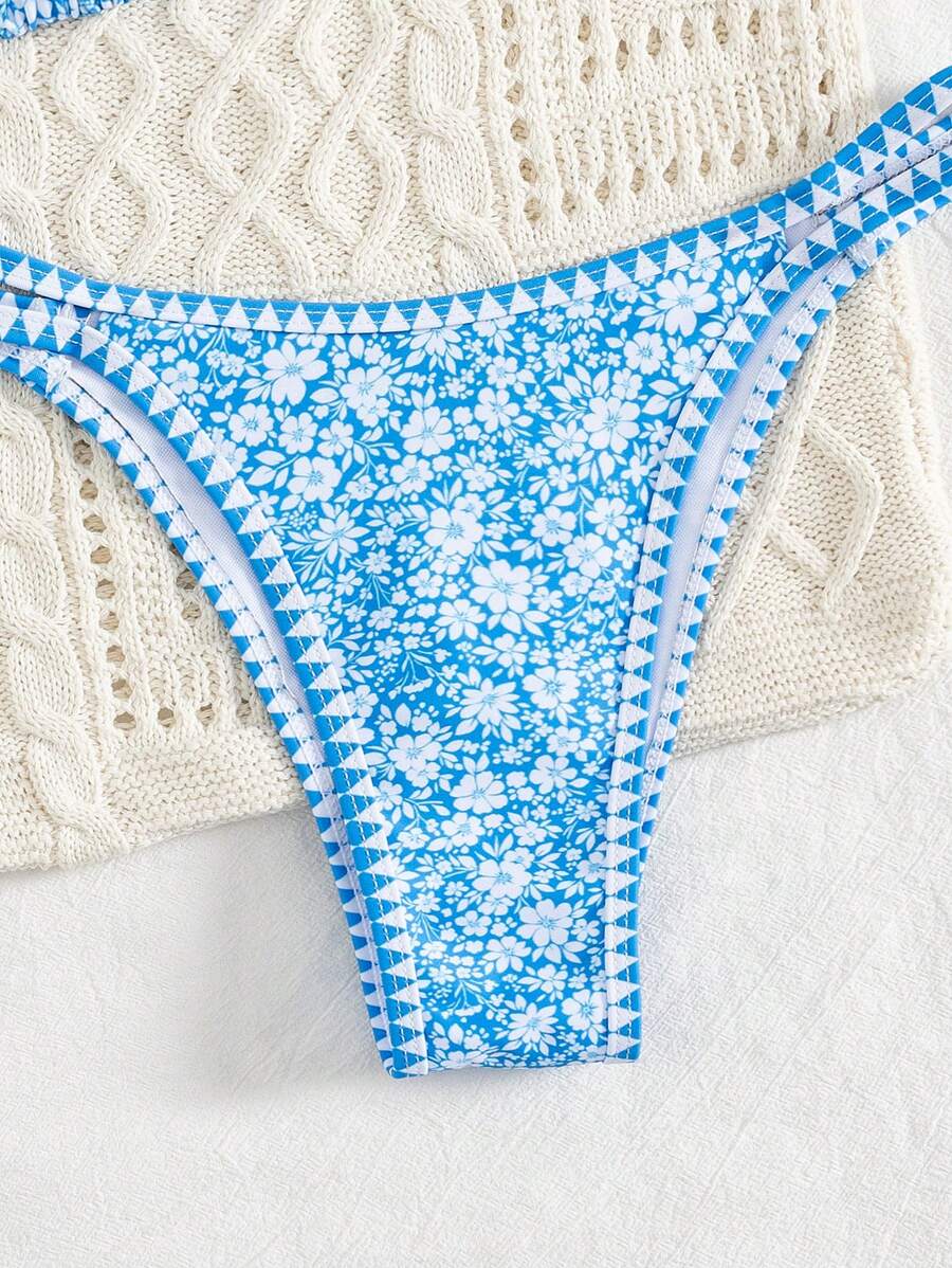 Conjunto de biquíni estilo boêmio com alças florais e costas nuas, 2 peças, moda praia para férias/feriados, primavera/verão
