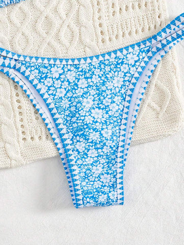 Conjunto de biquíni estilo boêmio com alças florais e costas nuas, 2 peças, moda praia para férias/feriados, primavera/verão
