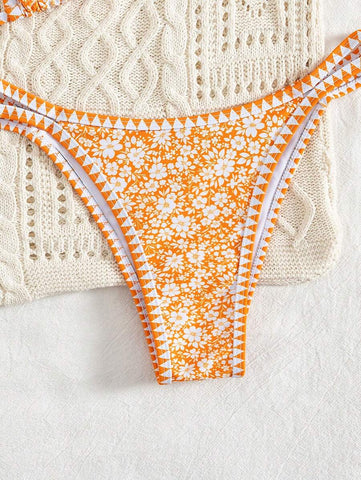 Conjunto de biquíni estilo boêmio com alças florais e costas nuas, 2 peças, moda praia para férias/feriados, primavera/verão