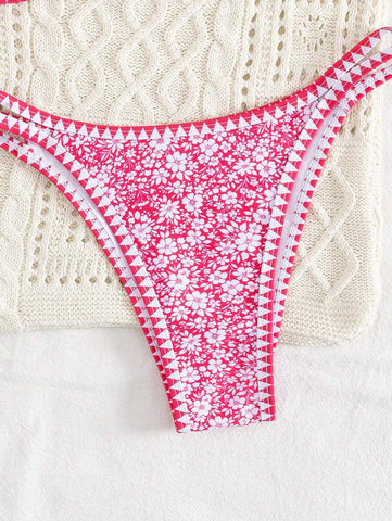 Conjunto de biquíni estilo boêmio com alças florais e costas nuas, 2 peças, moda praia para férias/feriados, primavera/verão