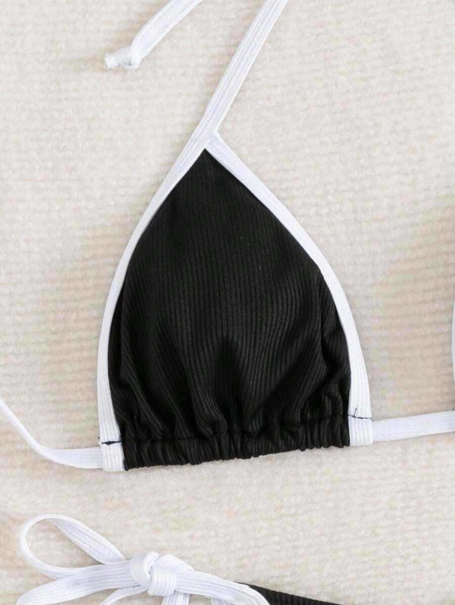 Conjunto de biquíni feminino com contraste de cores e bandeau sexy para férias de primavera, separado, praia, traje de banho