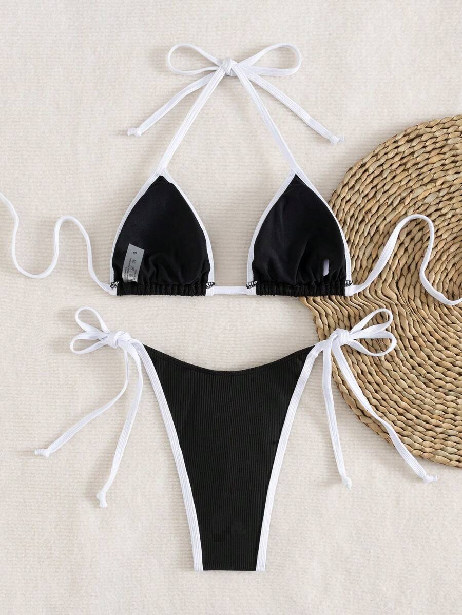 Conjunto de biquíni feminino com contraste de cores e bandeau sexy para férias de primavera, separado, praia, traje de banho