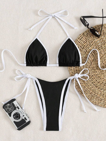 Conjunto de biquíni feminino com contraste de cores e bandeau sexy para férias de primavera, separado, praia, traje de banho