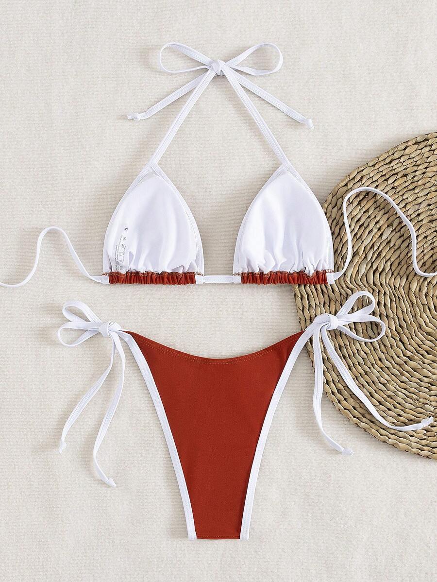 Conjunto de biquíni feminino com contraste de cores e bandeau sexy para férias de primavera, separado, praia, traje de banho
